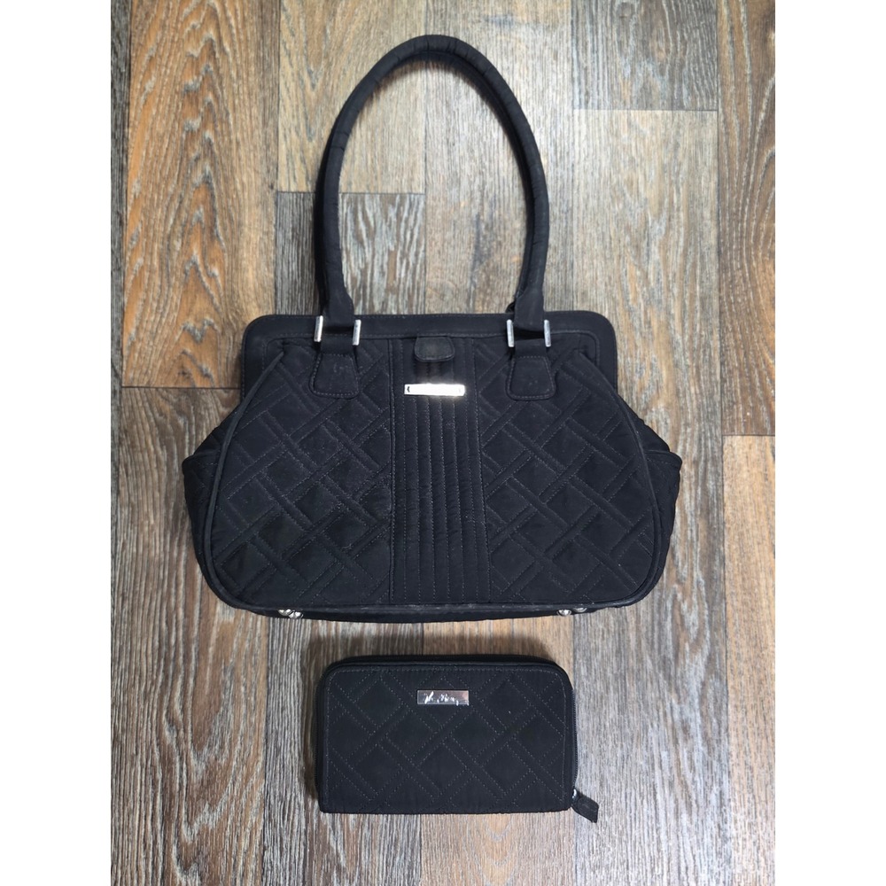 Vera Bradley Black Quilted Microfiber Shoulder Bag and Zip Around Wallet Set